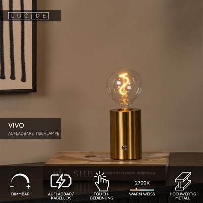 Lucide VIVO - wiederaufladbare Tischlampe - Akku/Batterie - Ø 8 cm - LED Dim. - E27 - 1x1W 2700K - Mattes Gold / Messing